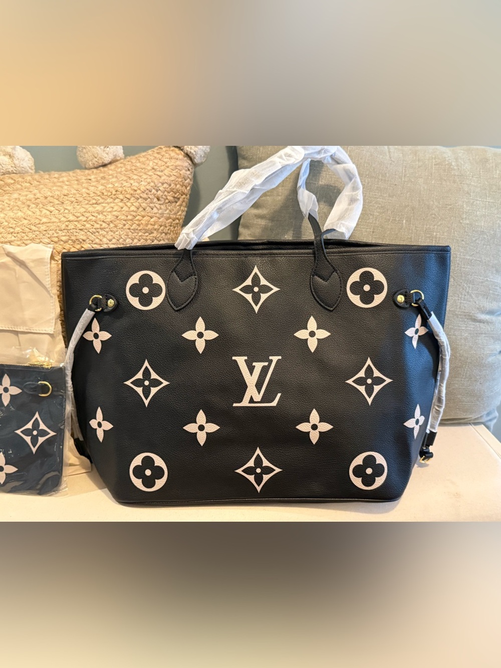 L V Large Black Tote with Cream Monogram Accents - Picture 3 of 5